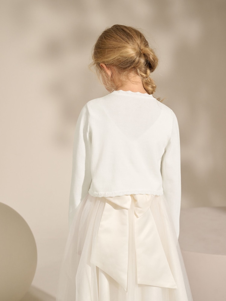 Ecru - Verzierte kurze Strickjacke für besondere Anlässe aus 100% Baumwolle (3-16 Jahre) - Bild 9 von 9
