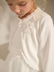 Ecru 100% Cotton Embellished Occasion Cardigan (3-16yrs) - Image 3 of 4