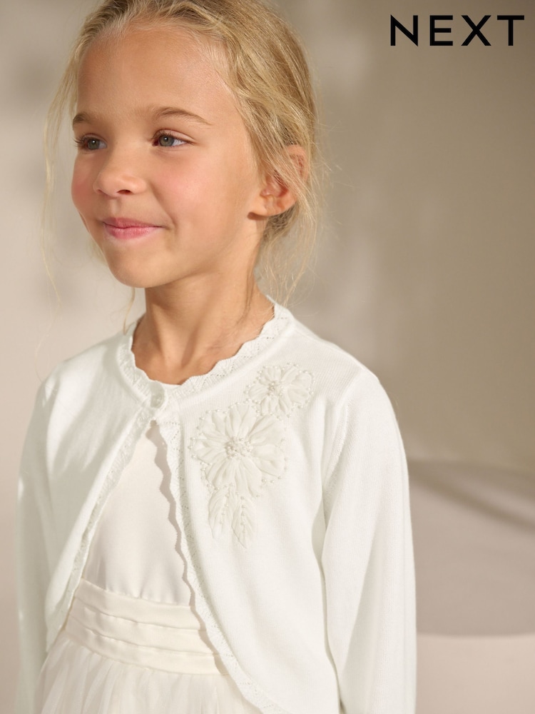 Ecru - Verzierte kurze Strickjacke für besondere Anlässe aus 100% Baumwolle (3-16 Jahre) - Bild 1 von 9