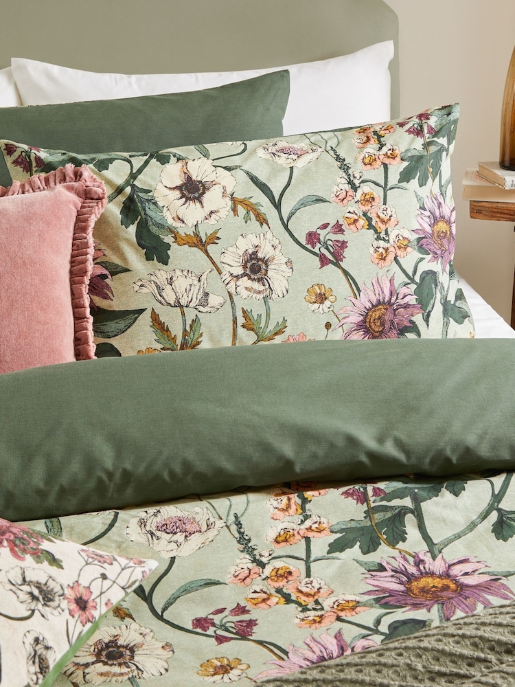 Wylder Celadon Green Wallflower Cotton Rich Reversible Duvet Cover Set - Image 2 of 4