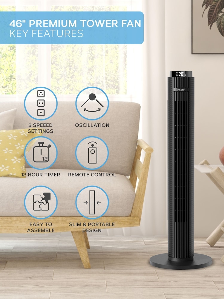 Air Pro Black Smart 38 Tower Oscillating Bladeless Fan with Remote - Image 2 of 7