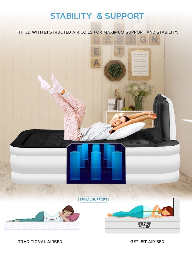 Get Fit White/Black Premium Air Bed With Headboard and Built In Pump - Image 2 of 2