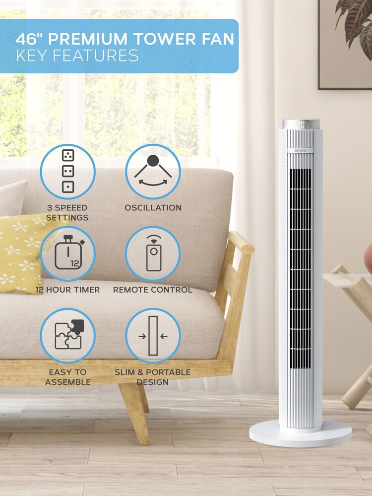Air Pro White Smart 38 Tower Oscillating Bladeless Fan with Remote - Image 2 of 7
