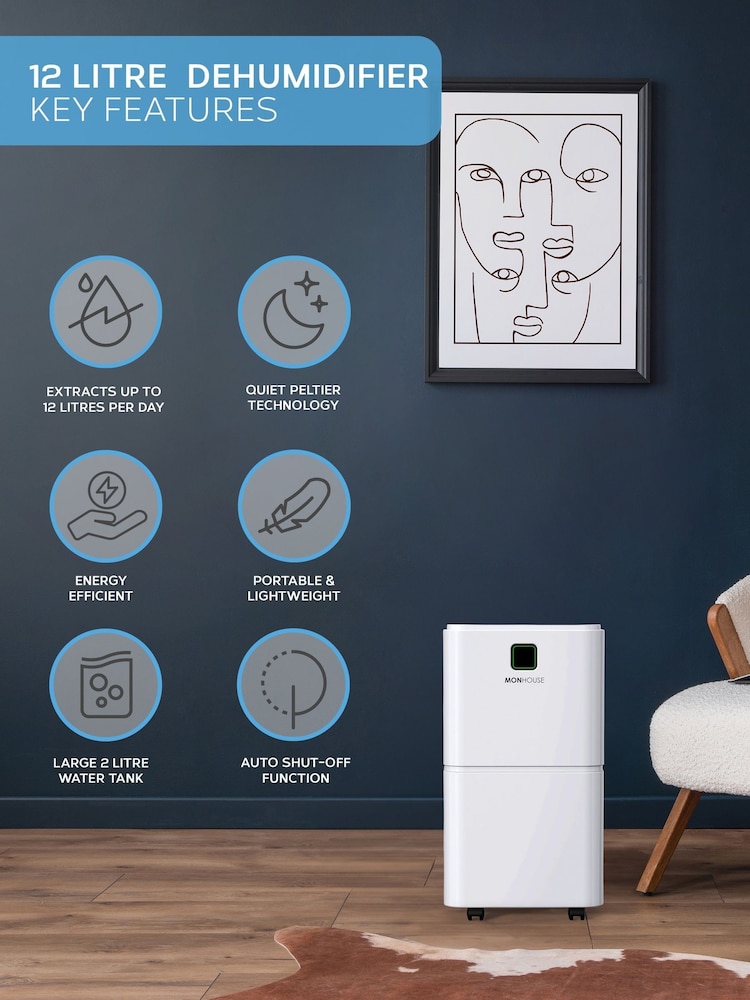 MONHOUSE White 12L Day Digital Dehumidifier with Sleep Mode - Image 2 of 7