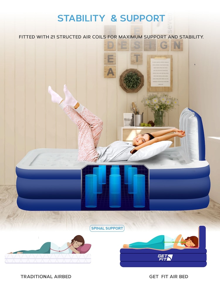 Get Fit Blue Premium Air Bed With Headboard and Built In Pump - Image 7 of 7