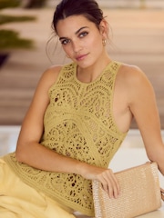 Yellow Ochre Crochet Lace Crew Neck Tank Top - Image 1 of 8