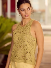 Yellow Ochre Crochet Lace Crew Neck Tank Top - Image 2 of 8