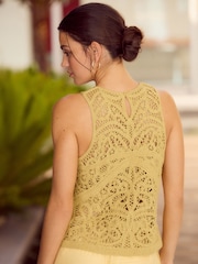 Yellow Ochre Crochet Lace Crew Neck Tank Top - Image 3 of 8