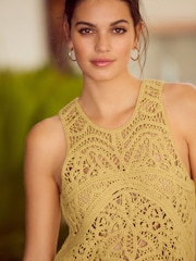Yellow Ochre Crochet Lace Crew Neck Tank Top - Image 4 of 8