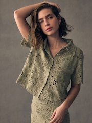 Green Sage 100% Cotton Floral Crochet Shirt - Image 1 of 9