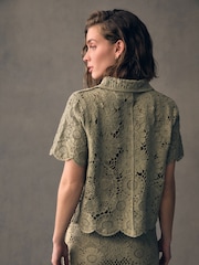 Green Sage 100% Cotton Floral Crochet Shirt - Image 4 of 9