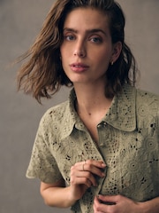Green Sage 100% Cotton Floral Crochet Shirt - Image 5 of 9
