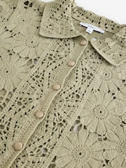 Green Sage 100% Cotton Floral Crochet Shirt - Image 8 of 9