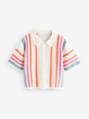 White Stripe Relaxed Short Sleeve Collared Crochet Shirt - Image 1 of 7