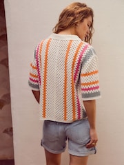 White Stripe Relaxed Short Sleeve Collared Crochet Shirt - Image 3 of 7