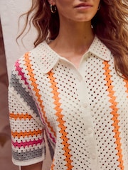 White Stripe Relaxed Short Sleeve Collared Crochet Shirt - Image 4 of 7