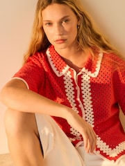 Rojo - Relaxed Short Sleeve Collared Crochet Shirt - Imagen 1 de 8