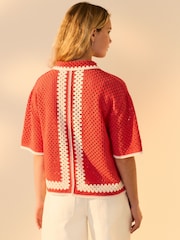 Rojo - Relaxed Short Sleeve Collared Crochet Shirt - Imagen 3 de 8