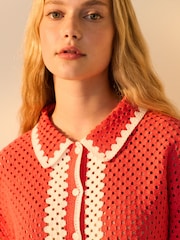Rojo - Relaxed Short Sleeve Collared Crochet Shirt - Imagen 4 de 8