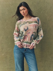 Pink Scene Printed Crew Neck Fine Knitted Jumper - Image 1 of 7