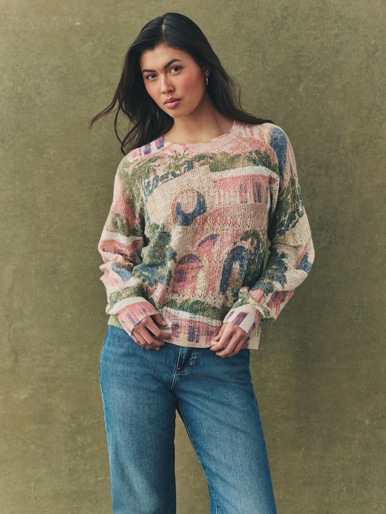 Pink Scene Printed Crew Neck Fine Knitted Jumper - Image 1 of 7