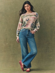 Pink Scene Printed Crew Neck Fine Knitted Jumper - Image 2 of 7