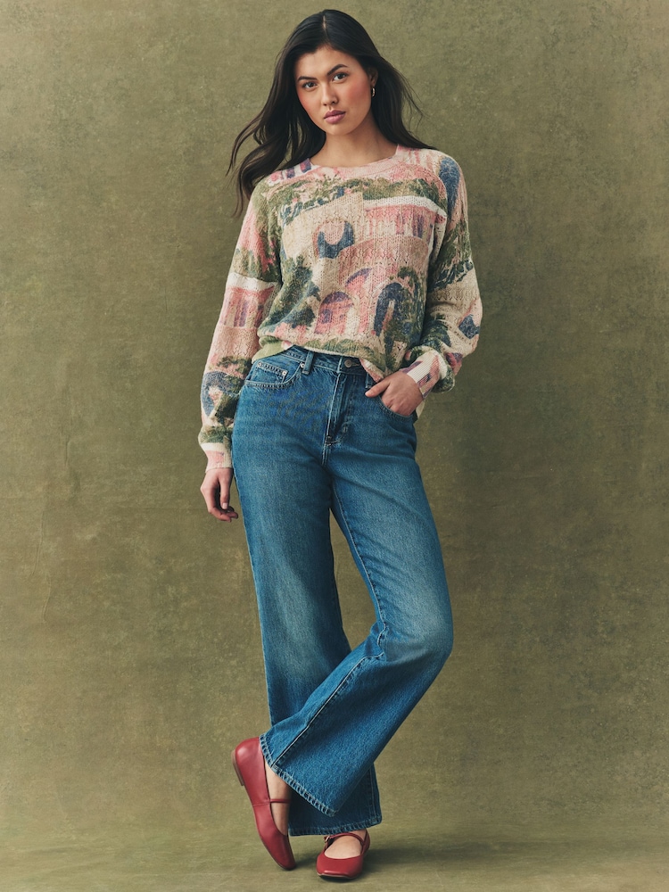 Pink Scene Printed Crew Neck Fine Knitted Jumper - Image 2 of 7