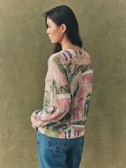 Pink Scene Printed Crew Neck Fine Knitted Jumper - Image 3 of 7