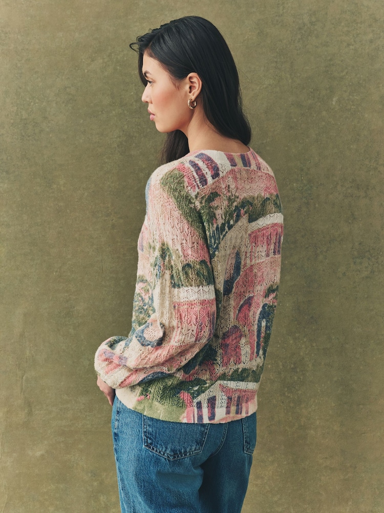 Pink Scene Printed Crew Neck Fine Knitted Jumper - Image 3 of 7