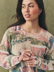 Pink Scene Printed Crew Neck Fine Knitted Jumper - Image 4 of 7