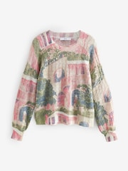 Pink Scene Printed Crew Neck Fine Knitted Jumper - Image 5 of 7