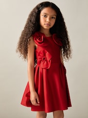 Reiss Red Polliana 4-9 yrs Scuba 3D-Flowers Flared Dress - Image 1 of 4