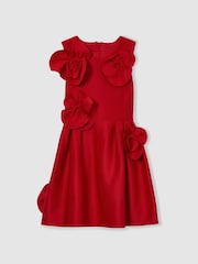 Reiss Red Polliana 4-9 yrs Scuba 3D-Flowers Flared Dress - Image 2 of 4