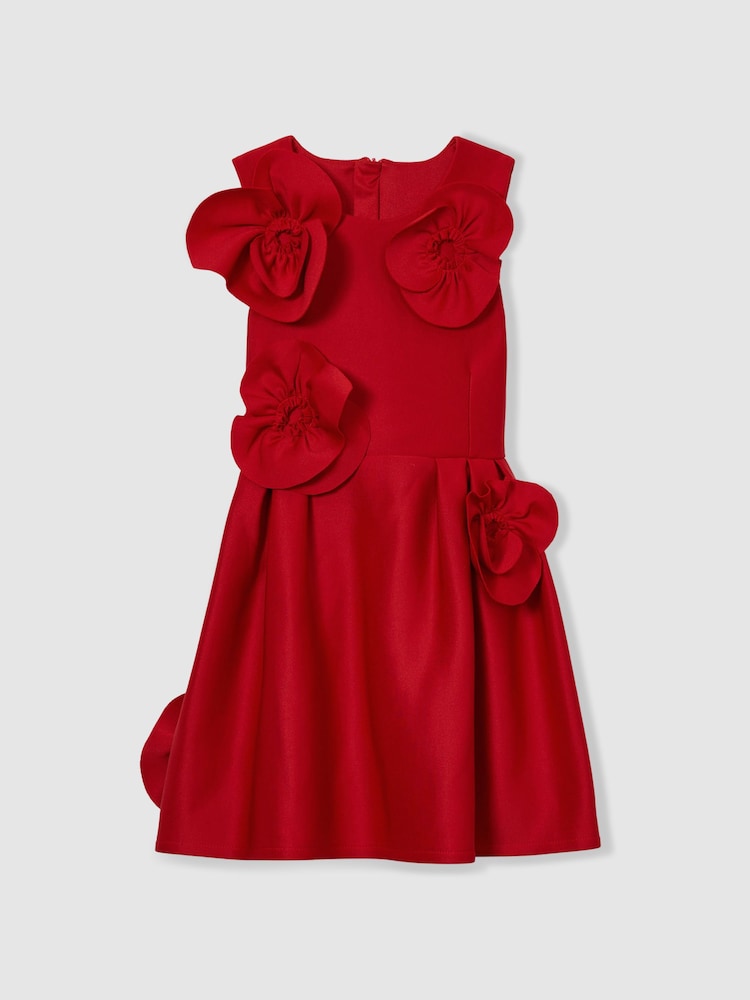 Reiss Red Polliana 4-9 yrs Scuba 3D-Flowers Flared Dress - Image 2 of 4