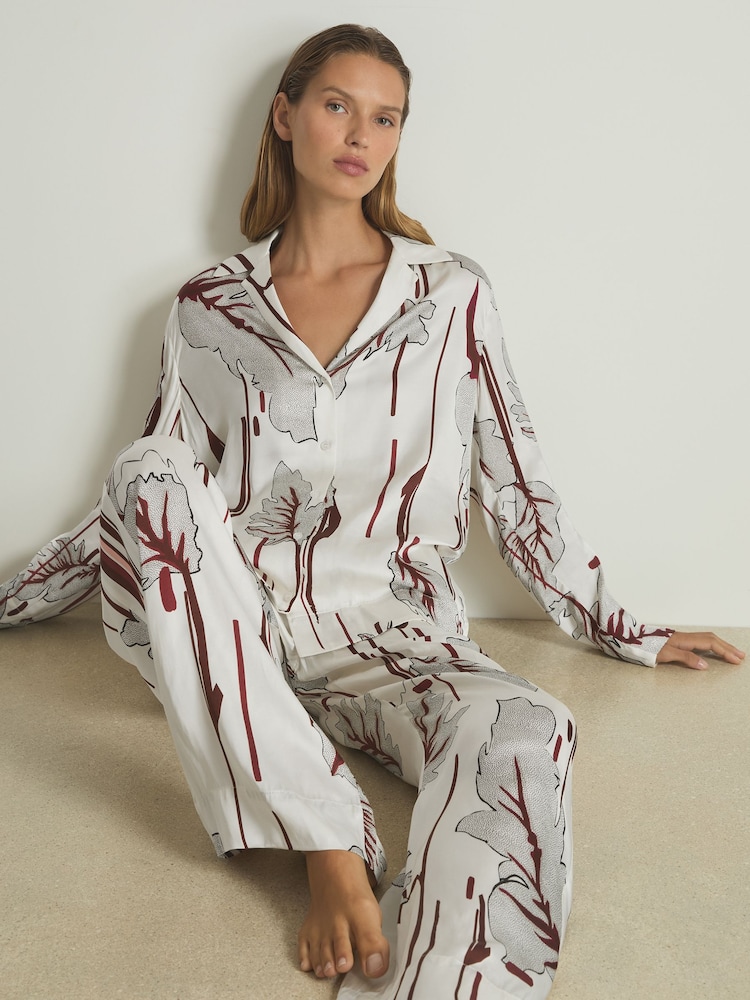 Reiss Ivory/Burgundy Celeste Satin Printed Pyjama Set - Image 1 of 6 Reiss Ivory/Burgundy Celeste Satin Printed Pyjama Set - Image 1 of 6