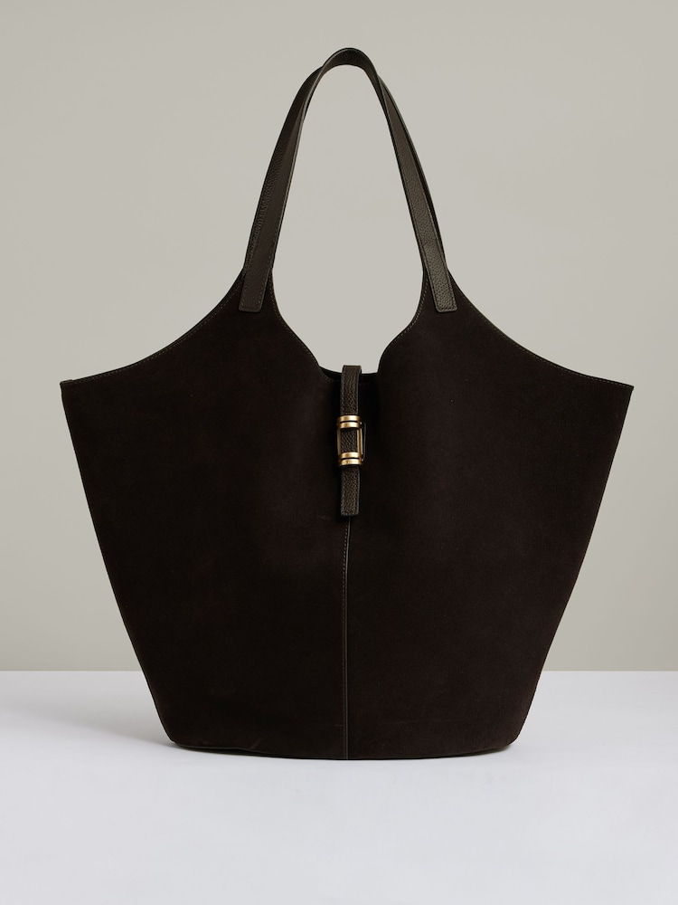 Reiss Chocolate Lyra Leather And Suede Tote Bag - Image 1 of 6