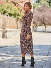 Sosandar Natural Animal Print Mesh Ruched Waist Fit and Flare Dress - Image 3 of 5