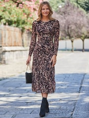 Sosandar Natural Animal Print Mesh Ruched Waist Fit and Flare Dress - Image 5 of 5