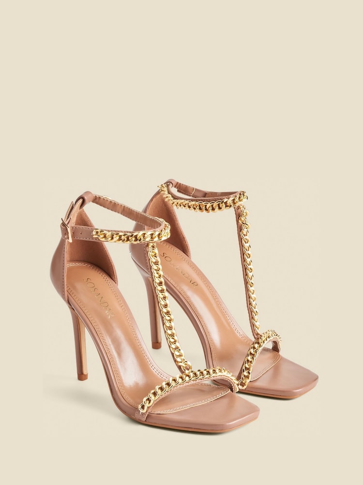 Sosandar Natural Chain Detail Pointed Toe Stiletto Heel Sandals - Image 1 of 4