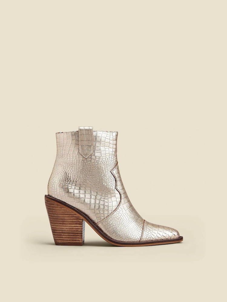 Sosandar Gold Gold Croc Leather Tab Detail Western Ankle  Boots - Image 1 of 5