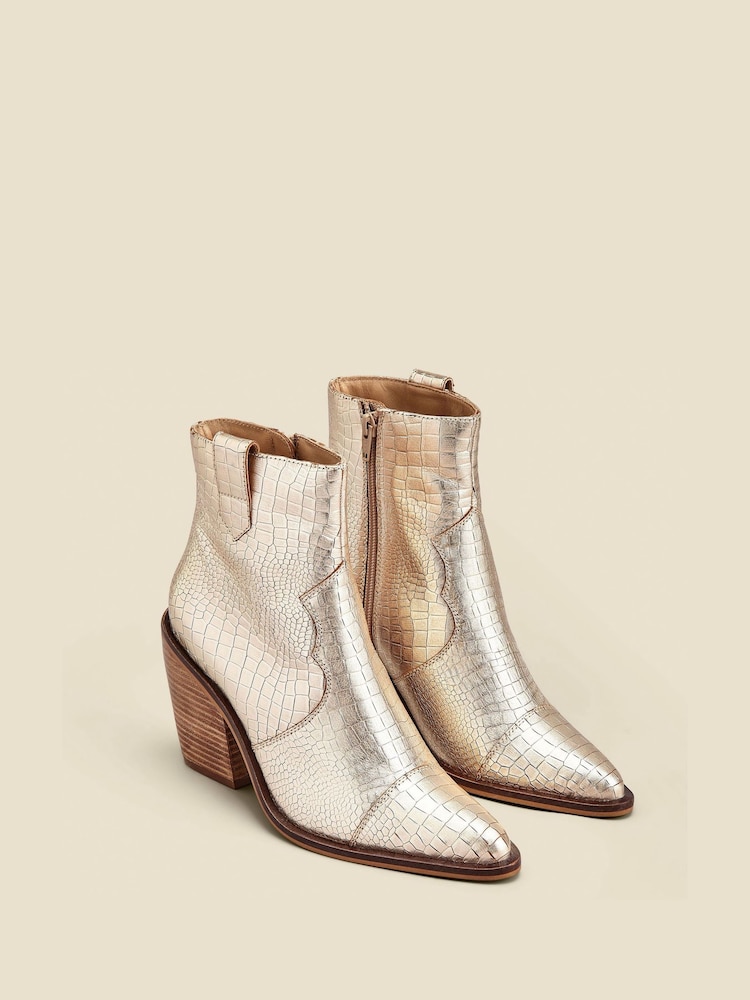Sosandar Gold Gold Croc Leather Tab Detail Western Ankle  Boots - Image 2 of 5