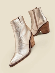 Sosandar Gold Gold Croc Leather Tab Detail Western Ankle  Boots - Image 3 of 5