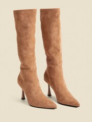 Sosandar Natural Faux Suede Knee High Flared Heel Boots - Image 2 of 4