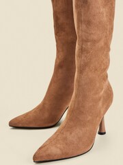 Sosandar Natural Faux Suede Knee High Flared Heel Boots - Image 4 of 4