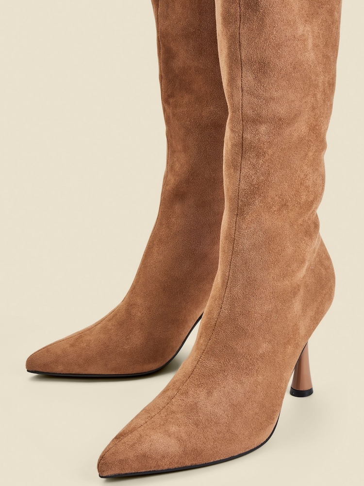 Sosandar Natural Faux Suede Knee High Flared Heel Boots - Image 4 of 4