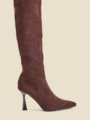 Sosandar Brown Faux Suede Knee High Flared Heel Boots - Image 1 of 4