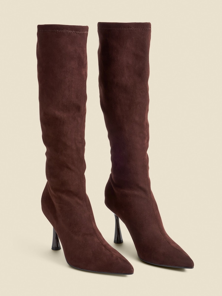 Sosandar Brown Faux Suede Knee High Flared Heel Boots - Image 2 of 4