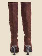 Sosandar Brown Faux Suede Knee High Flared Heel Boots - Image 3 of 4