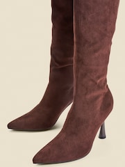 Sosandar Brown Faux Suede Knee High Flared Heel Boots - Image 4 of 4