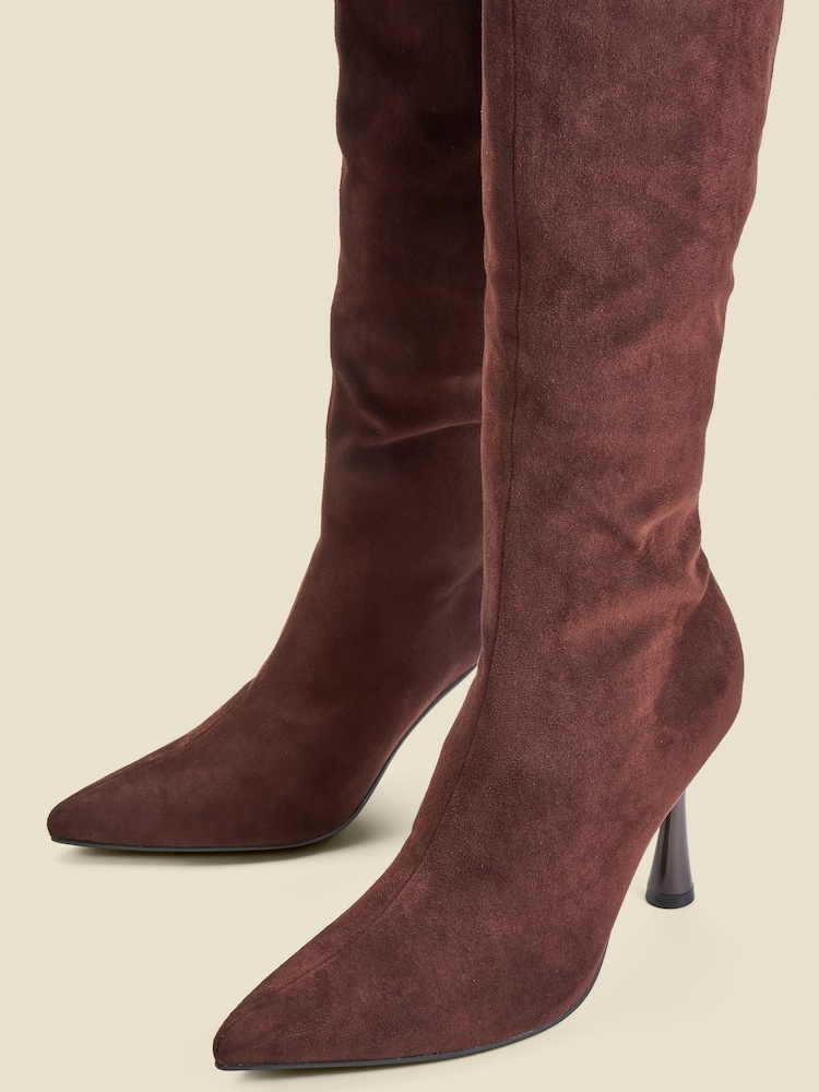 Sosandar Brown Faux Suede Knee High Flared Heel Boots - Image 4 of 4